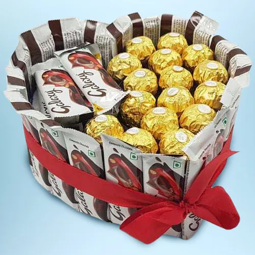 Magical Heart Shape Arrangement of Ferrero Rocher and Galaxy Chocolates