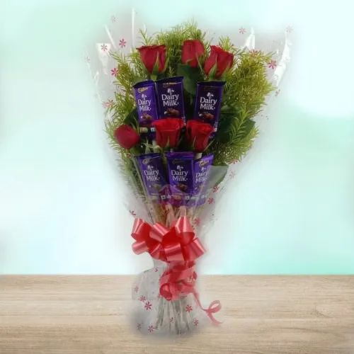 Appealing Bunch of Red Roses n Cadbury Dairy Milk Chocolate Bar