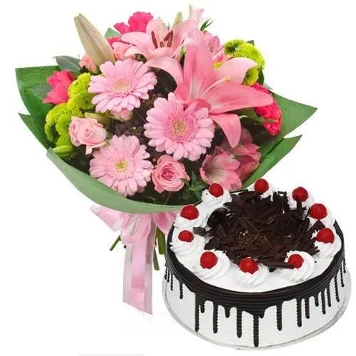 Deliver Black Forest Cake N Mixed Flowers Bouquet