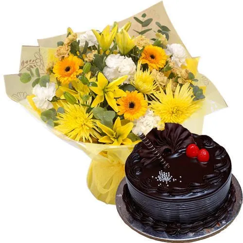 Order Choco Truffle Cake N Assorted Flowers Bunch