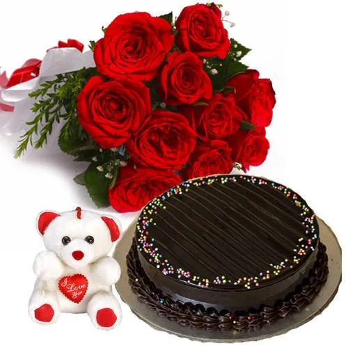 Buy Truffle Cake with Teddy N Roses Bouquet