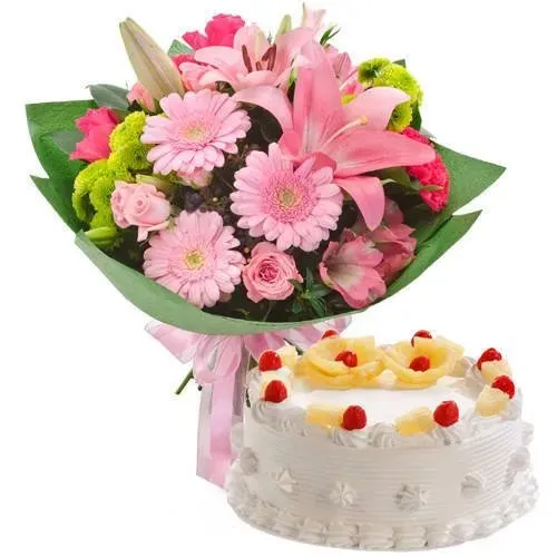 Gift Mixed Flowers Bunch   Pineapple Cake