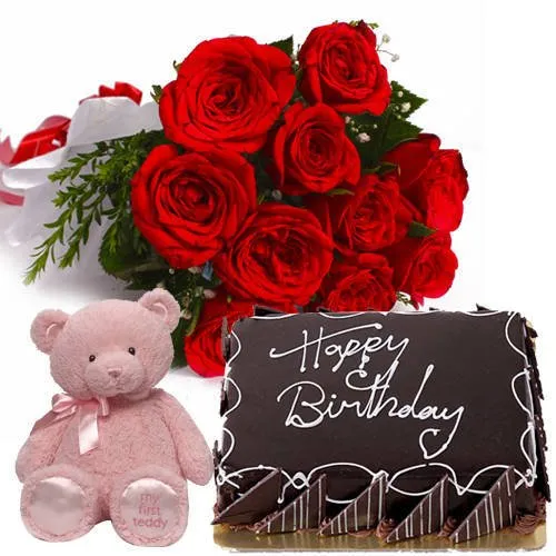 Order Eggless Chocolate Cake with Teddy N Red Roses