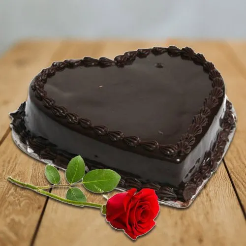 Deliver Heart-Shaped Chocolate Cake with Single Rose