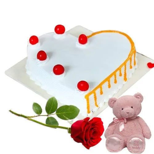 Deliver Heart-Shape Vanilla Cake with Single Rose N Teddy Online