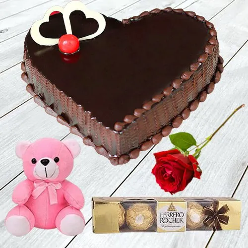Gift Chocolate Cake with Ferrero Rocher, Red Rose N Teddy