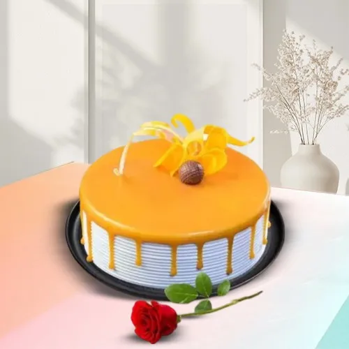 Deliver Eggless Butter Scotch Cake with Single Rose