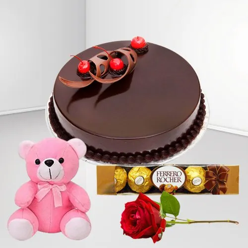Deliver Eggless Chocolate Cake with Ferrero Rocher, Teddy N Red Rose