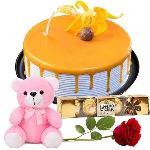 Online Eggless Butter Scotch Cake with Rose, Teddy N Ferrero Rocher