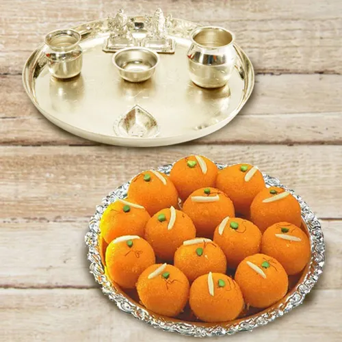 Order Silver plated Puja Thali with Lakshmi Ganesha N Ghee Ladoo