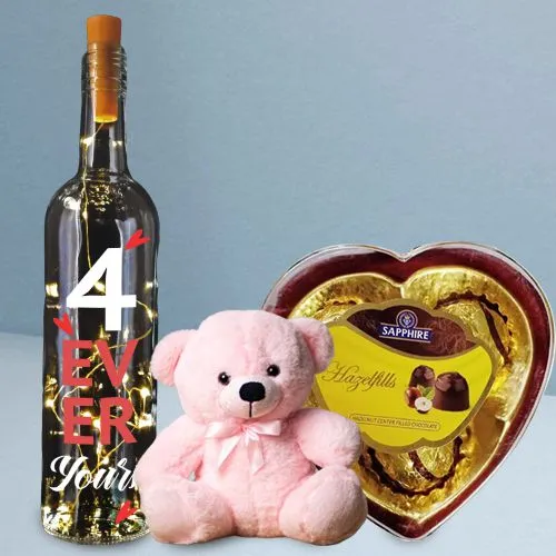 Spectacular Combo of Bottle Lamp with Teddy n Sapphire Hazelfills Heart-Shape Chocolate Box