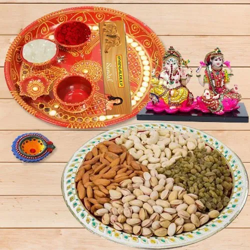 Diwali Puja Thali with Ganesh Lakshmi n Dry Fruits