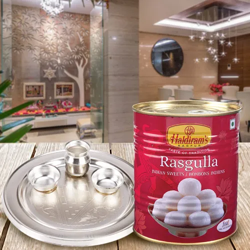 Shop for Haldirams Rasgulla with Silver Plated Puja Thali