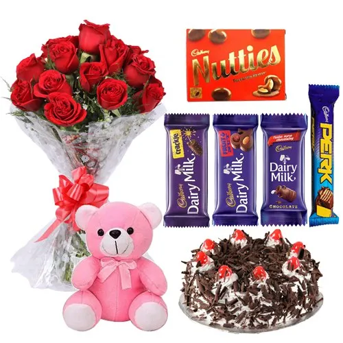 Deliver Assorted Cadbury Chocolates with Cake, Teddy N Dutch Roses Bouquet