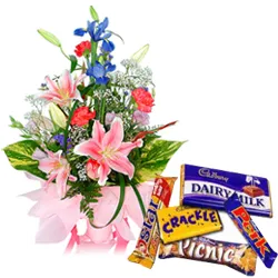 Send Assorted Flowers Arrangement with Assorted Cadbury Chocolates