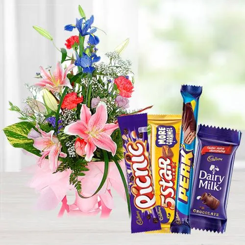 Send Assorted flowers Arrangement N Assorted Cadbury Chocolates