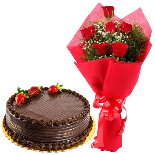 Buy Online Red Roses Bouquet N Chocolate Cake Online