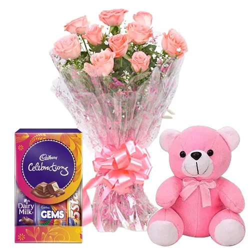 Order Online Trio Pack of Pink Roses Hand Bunch with Teddy N Cadbury Chocolates
