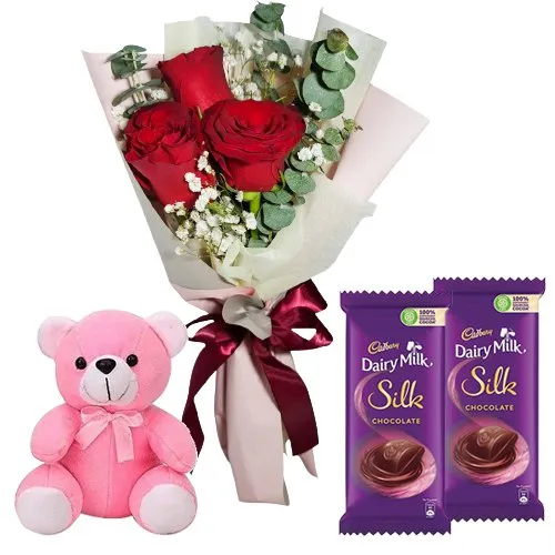 Online Deliver Dairy Milk Silk with Roses N Teddy