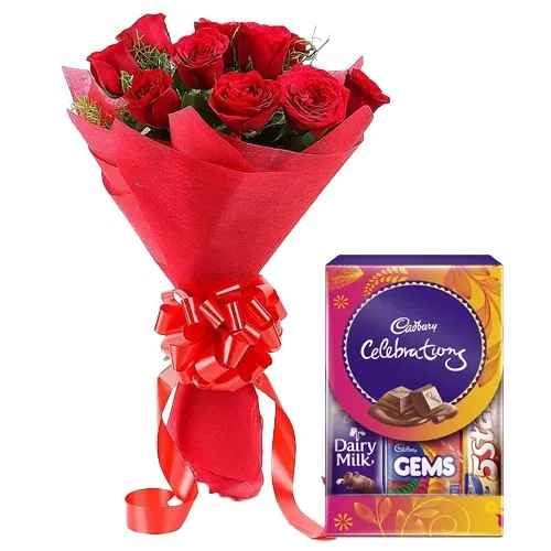 Deliver Gift of Red Roses Bouquet and Mini Cadbury Chocolates Pack  Online