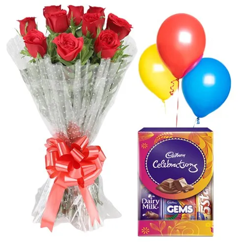 Online Order Red Roses Bouquet with Cadbury Mini Pack N Balloons