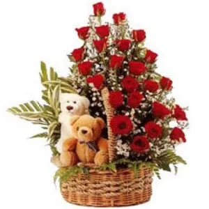 Shop for Arrangement of Red Roses and Twin Teddy