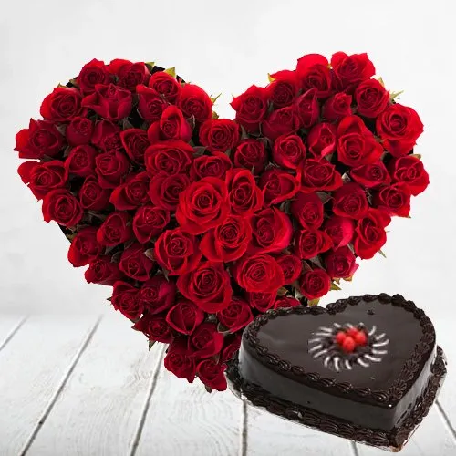 Gift Red Roses N Chocolate Truffle Cake in Heart Shape Online