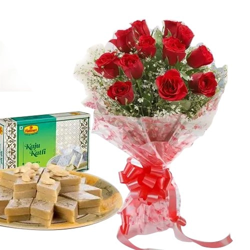 Order Online Red Roses Bouquet with Kaju Katli