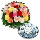 Shop for Kaju Barfi with Mixed Roses Bouquet