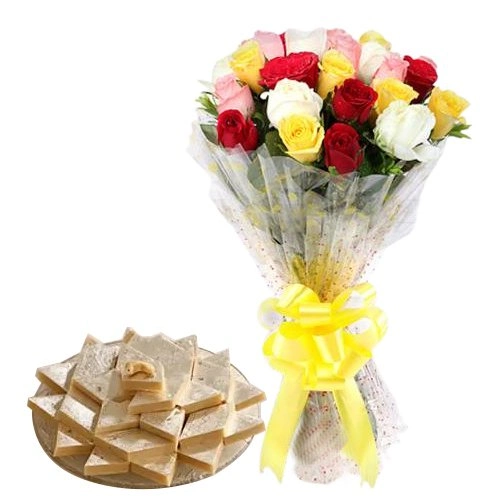 Deliver Combo of Mixed Roses Bouquet and Kaju Katli Online
