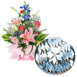 Order Kaju Barfi with Seasonal Flowers Bouquet