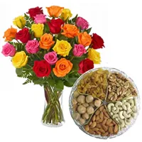 Deliver Assorted Dry Fruits with Bouquet of Mixed Colour Roses