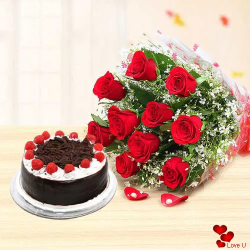 Buy Red Roses Bouquet N Black Forest Cake Online