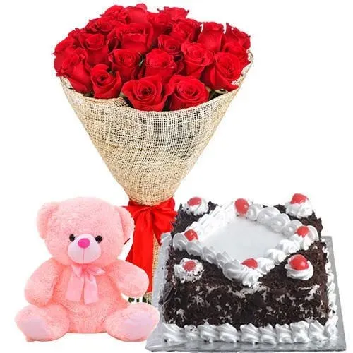 Order Red Roses Bouquet with Teddy N Black Forest Cake