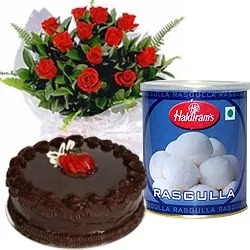 Online Red Roses and Rasgulla with Eggless Cake
