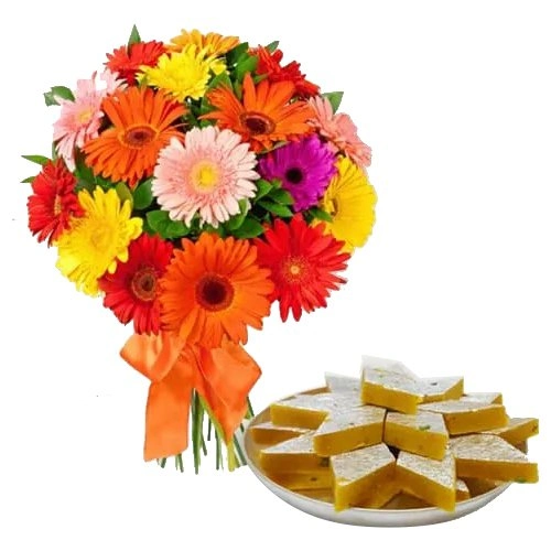 Order Mixed Gerberas Arrangement with Kaju Katli