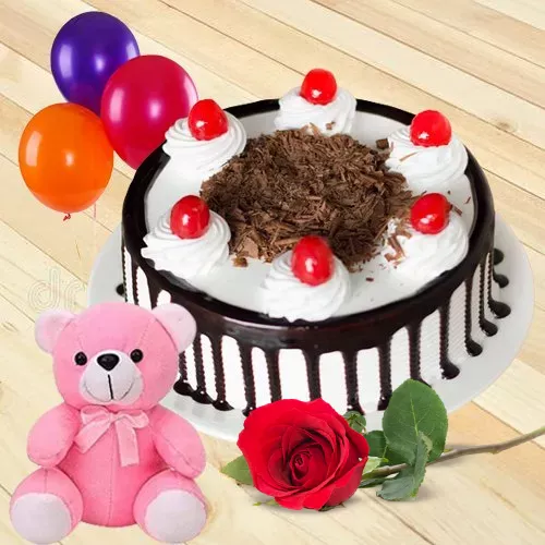 Shop for Black Forest Cake with Teddy, Red Rose N Balloons