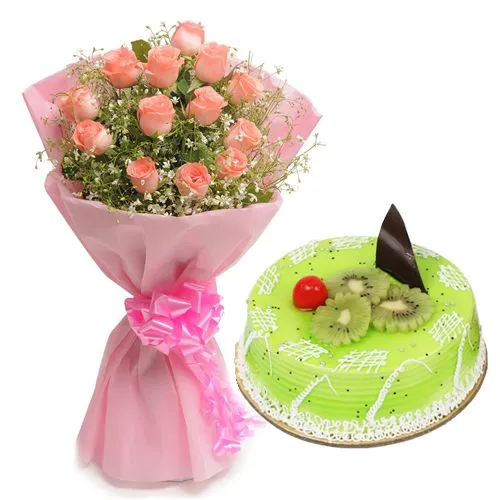 Deliver Combo of Red Roses Bouquet n Kiwi Cake 