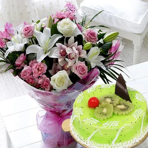 Shop for Kiwi Cake N Mixed Flowers Bouquet