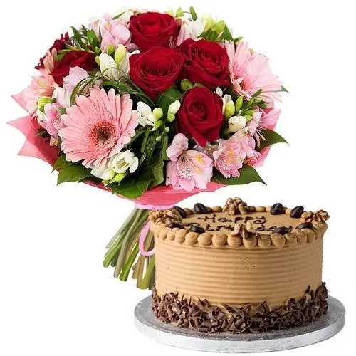 Gift Mixed Flowers Bouquet N Coffee Cake