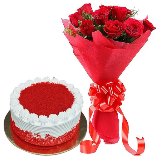 Online Combo of Red Roses Bouquet with Red Velvet Cake