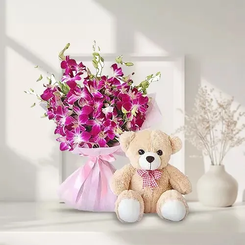 Deliver Orchids Bunch with Teddy