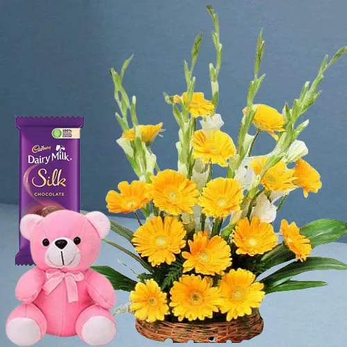 Deliver Yellow Gerberas with Teddy N Dairy Milk Silk