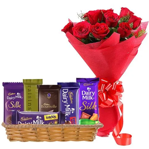 Online Gift Hamper of Cadbury Chocolates with Red Roses Bunch