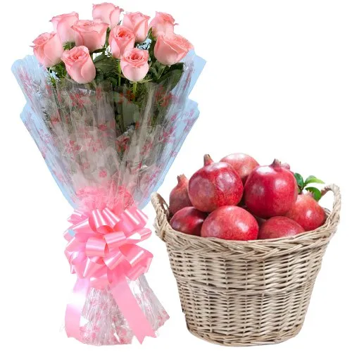 Deliver Pomegranates in Basket with Pink Roses Bouquet