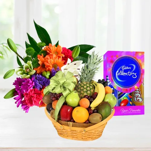 Deliver Fruits Basket, Chocolates and Flowers Bouquet