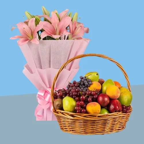 Order Lilies Bouquet with Basket of Fresh Fruits