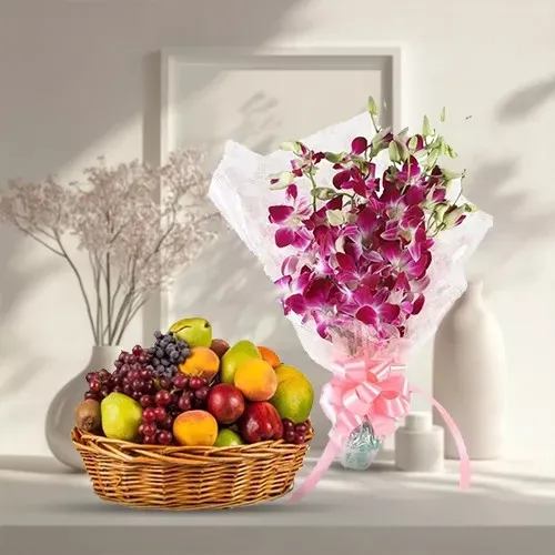 Send Fresh Fruits Basket with Orchids Bunch