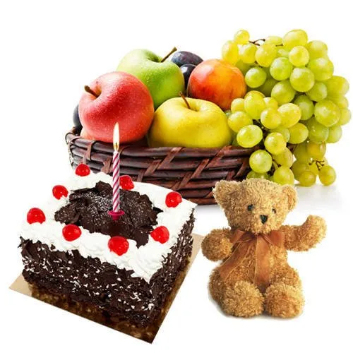 Order Black Forest Cake with Fresh Fruits Basket, Teddy N Candles