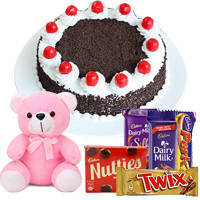 Signature 1 Lb Black Forest Cake with Assorted Cadburys Chocolate and a Small Teddy Signature 1 Lb Black Forest Cake with Assorted Cadburys Chocolate and a Small Teddy